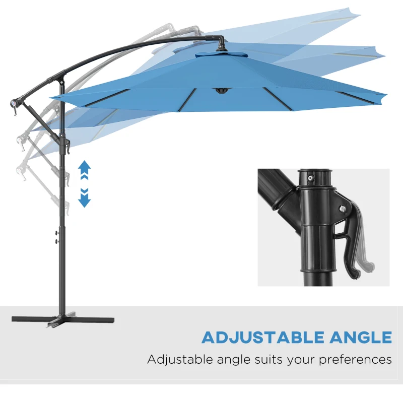 Outsunny 10' Deluxe Patio Umbrella, Outdoor Market Parasol, Banana Hanging Offset Sunshade with Crank, Cross Base, Blue