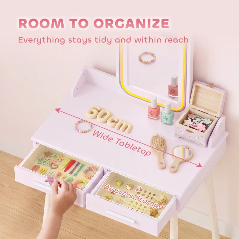 Qaba Kids Dressing Table, Girls Vanity Set with Stool, 3-Colour LED Lights Mirror, Large Drawer for Ages 3-8, Pink