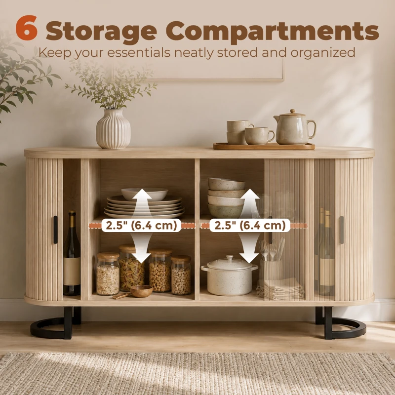 HOMCOM Fluted Sideboard Buffet Cabinet, 55" Modern Coffee Bar Cabinet with Sliding Doors and Adjustable Shelves, Natural