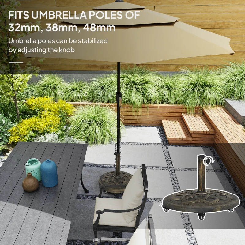 Outsunny Round Patio Umbrella Base with Wheels, 44 lbs Resin Umbrella Stand Base, 1.3"/1.5"/1.9" Umbrella Poles Bronze