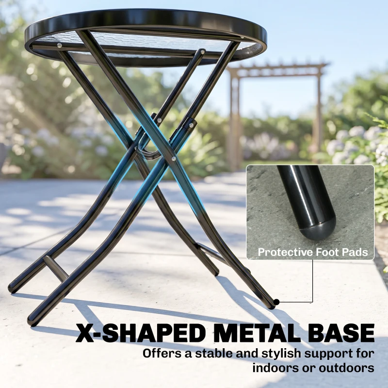 Outsunny Φ18" Round Patio Table, Folding Coffee Table with Tempered Glass Tabletop for Patio, Balcony, Backyard