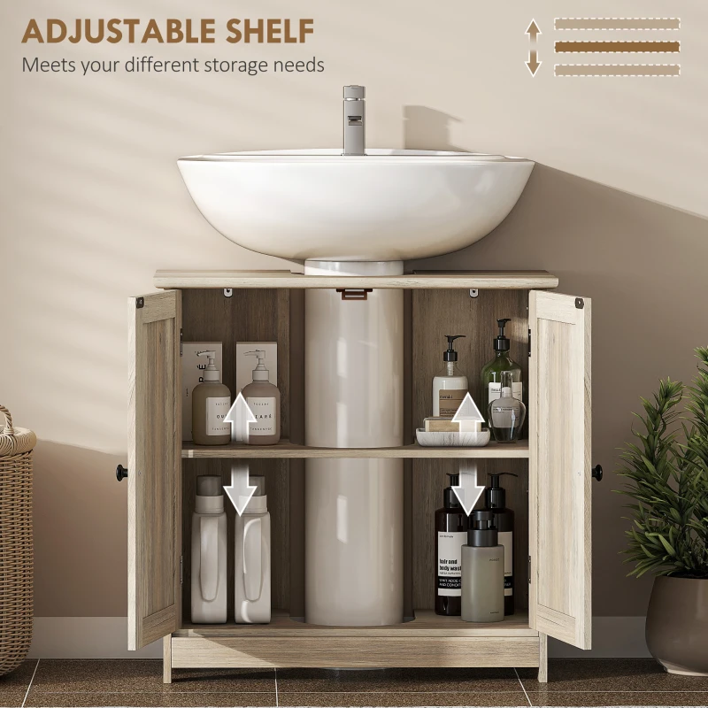 HOMCOM Bathroom Vanity, 24" Pedestal Sink Bathroom Vanity Furniture with 2 Doors and Shelf, Grey Wood Grain