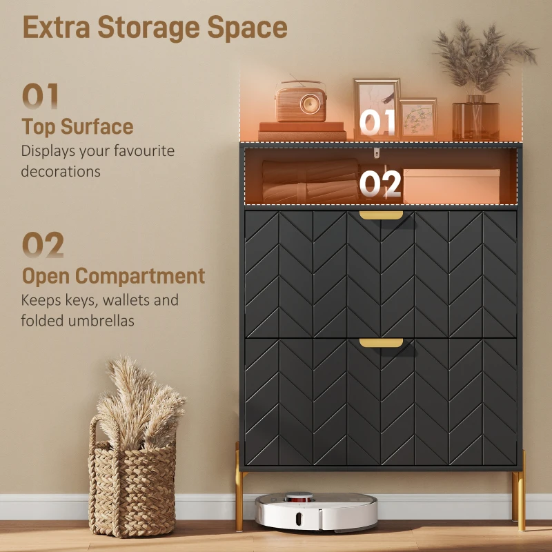 HOMCOM Shoe Cabinet with 2 Flip Drawers, Modern Narrow Shoe Storage Cabinet with Open Compartment, Adjustable Shelves, Black