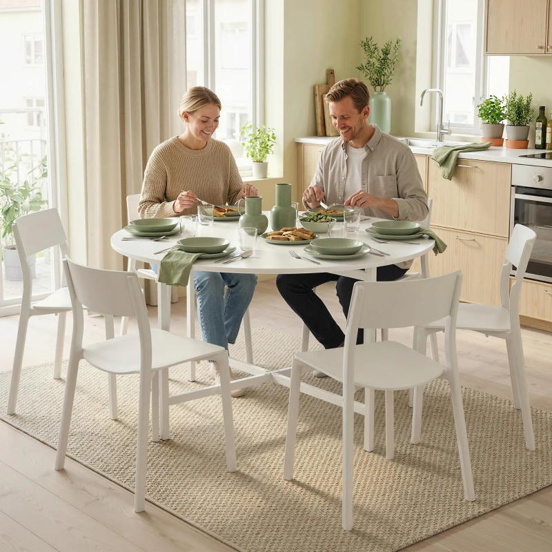 HOMCOM Folding Dining Table for 3-6 People, 47" Round Drop Leaf Kitchen Table with Steel Frame, White