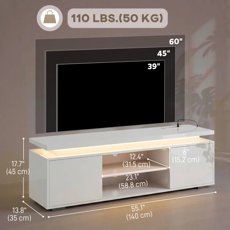 HOMCOM TV Stand for TVs up to 60 Inch, Modern Entertainment Center with LED Lights and Power Outlets, High Gloss White