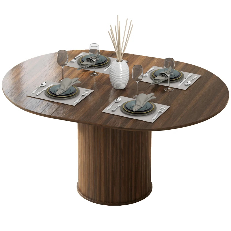 HOMCOM Extendable Kitchen Table for 6-8, 43.5"-59" Farmhouse Dining Table with Pedestal Base Walnut Wood Grain