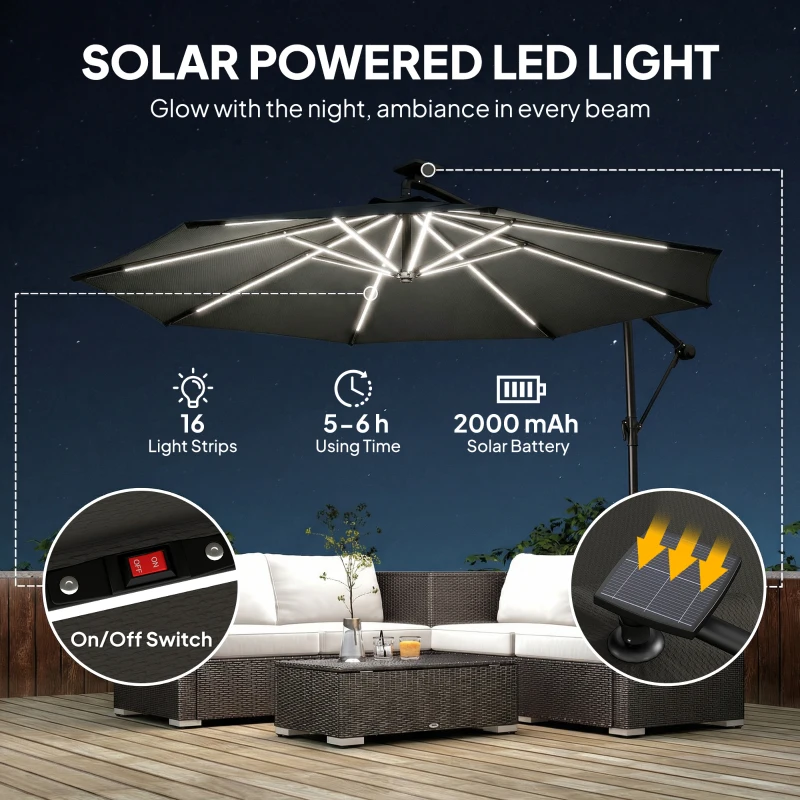 Outsunny 10 ft Offset Patio Umbrella with Solar Light, Garden Hanging Parasol with 360° Rotation, Tilt, Cover, Black