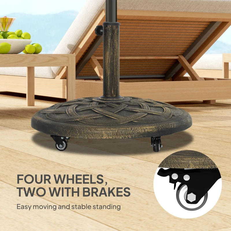Outsunny Round Patio Umbrella Base with Wheels, 44 lbs Resin Umbrella Stand Base, 1.3"/1.5"/1.9" Umbrella Poles Bronze