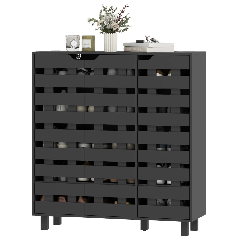 HOMCOM Shoe Cabinet, 17-20 Pairs Shoe Storage Cabinet with Hollowed-Out Doors, Black