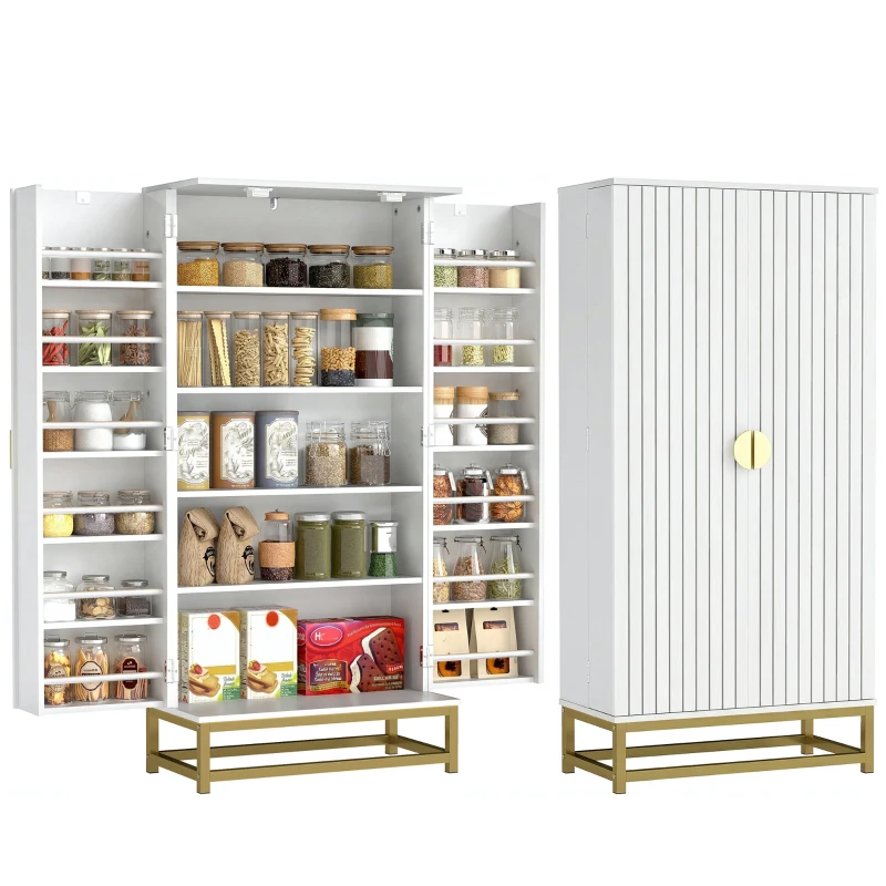 HOMCOM 47" Kitchen Pantry Cabinet, Freestanding Kitchen Storage Cabinet with 12 Door Shelves and Adjustable Shelves, White
