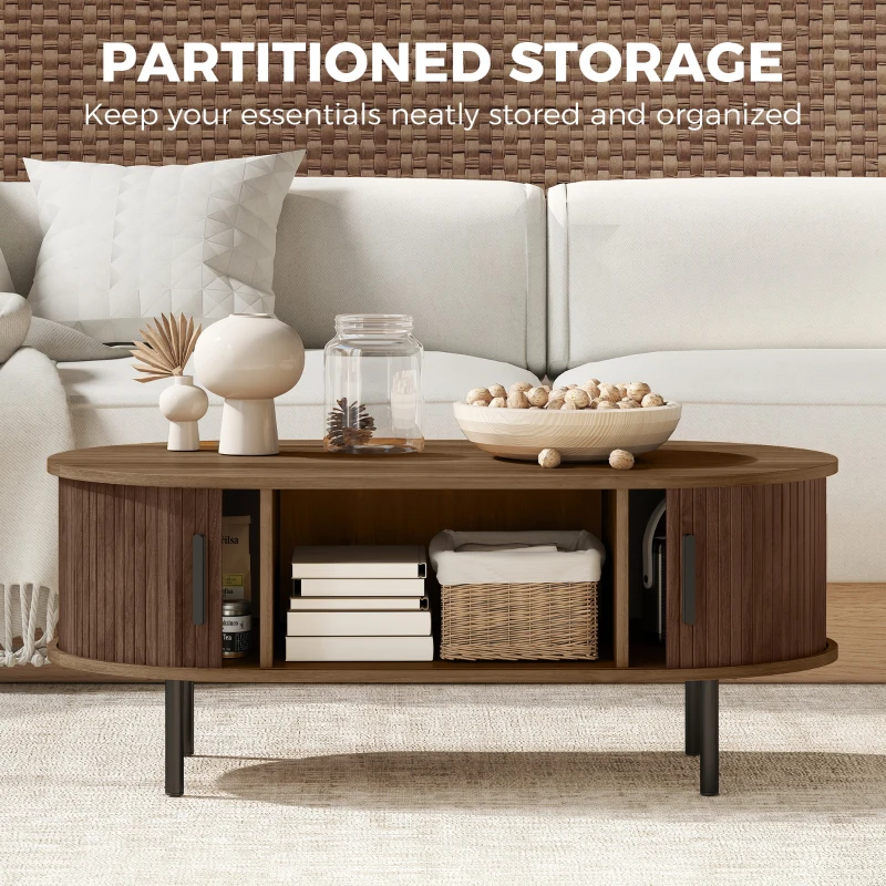 HOMCOM Coffee Table with Sliding Tambour Doors and Storage Center Table with Metal Legs, 39", Brown