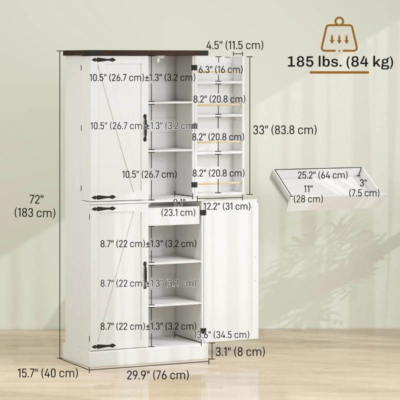 HOMCOM 72" Tall Kitchen Pantry Cabinet, Farmhouse Storage Cabinet with 8 Door Racks and Adjustable Shelves, White