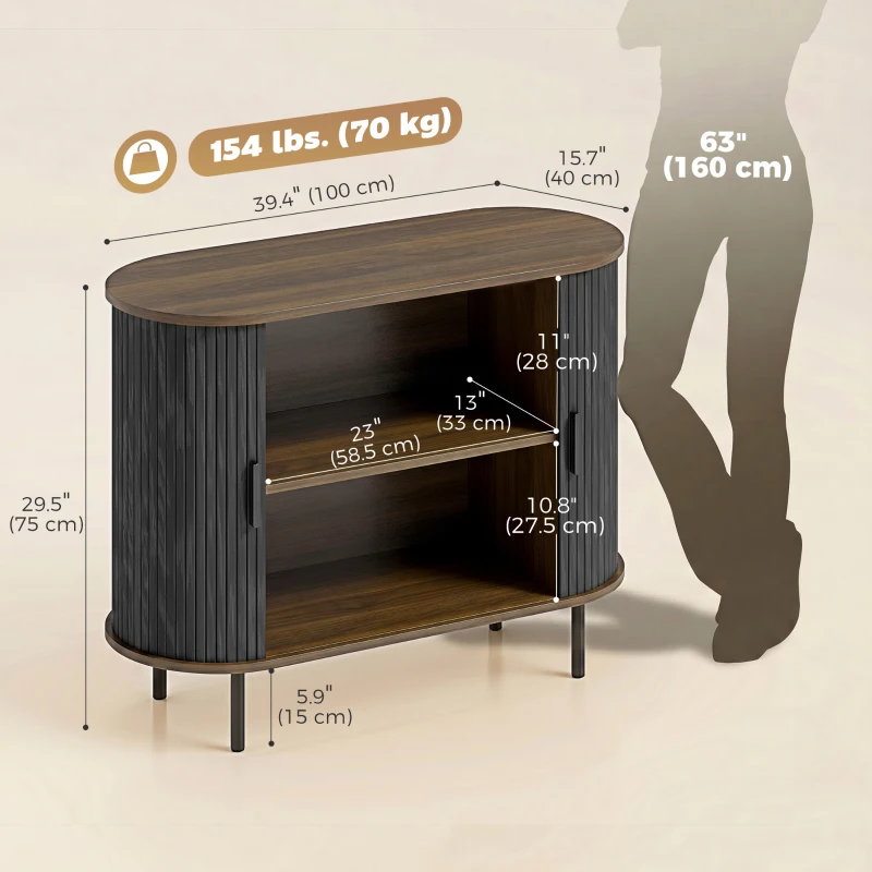 HOMCOM Sideboard Buffet Cabinet with Curved Tambour Doors and Storage, Brown Wood Grain