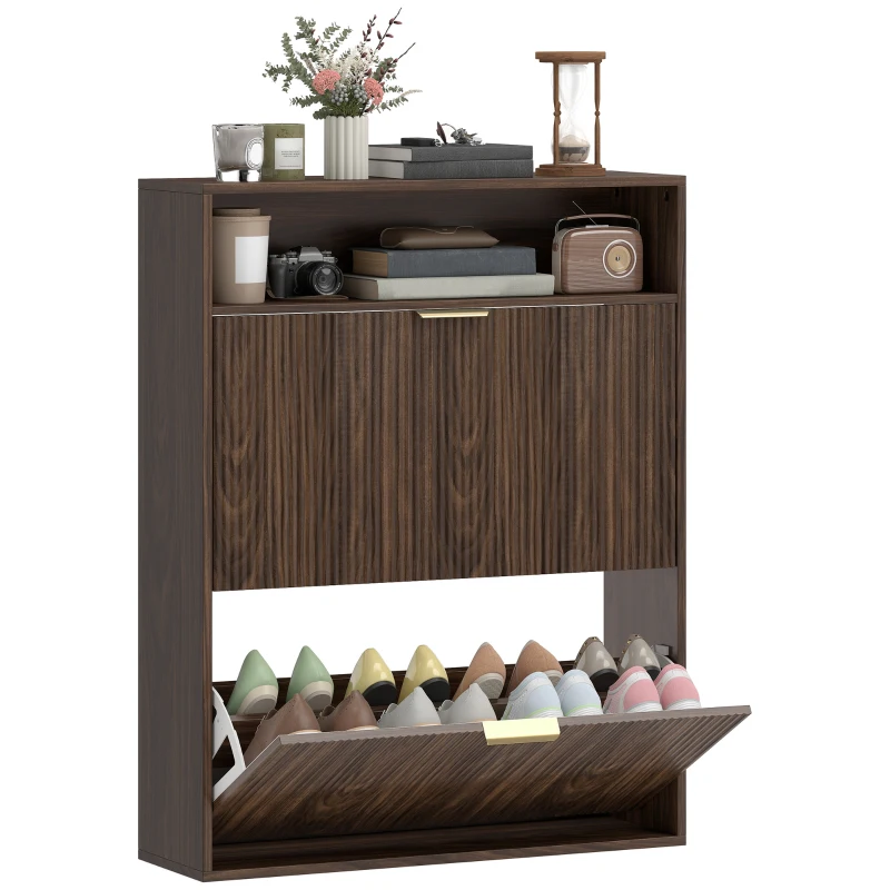 HOMCOM Shoe Cabinet with 2 Flip Drawers Narrow Shoe Storage Cabinet with Top Shelf for Entryway Hallway Coffee