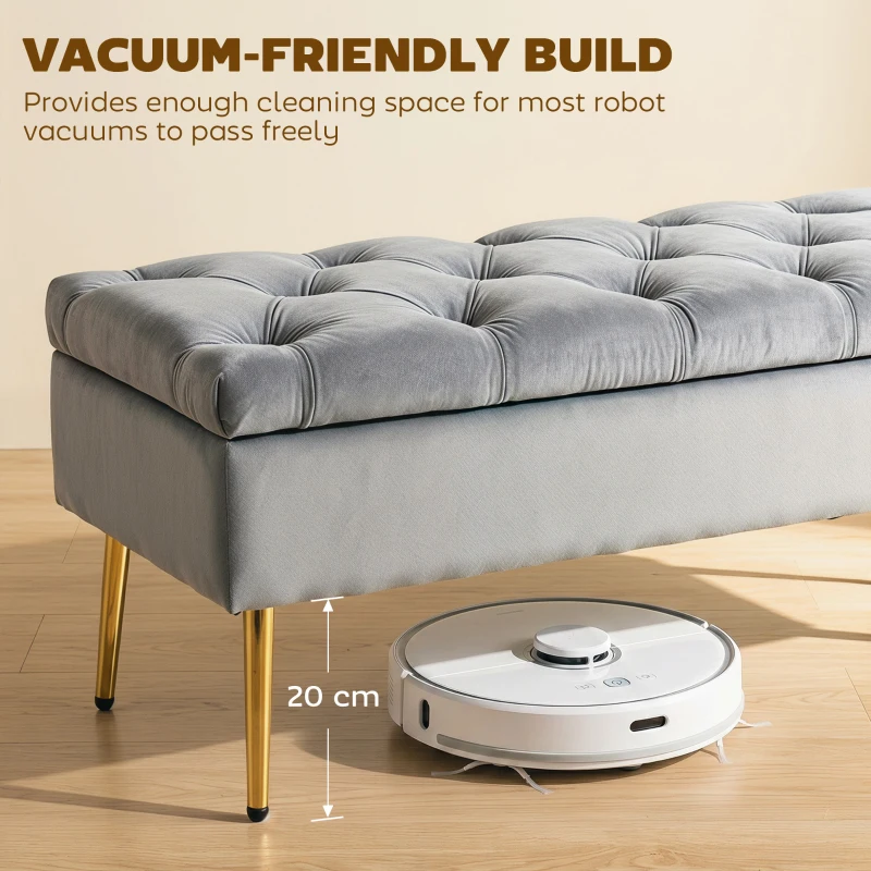 HOMCOM Upholstered Bedroom Bench with Gold Tone Metal Legs, Velvet Tufted and Thick Padding, Grey