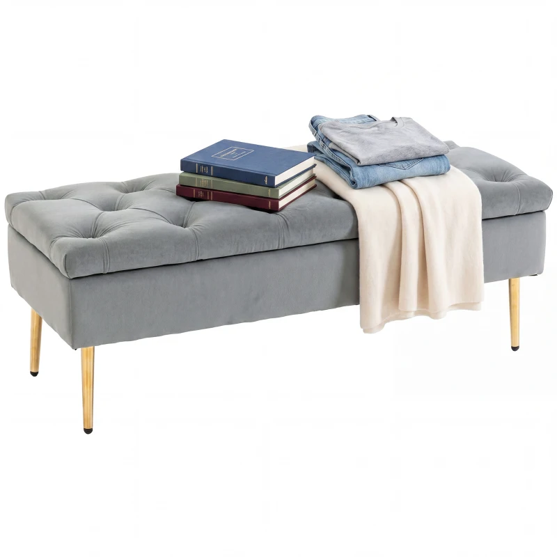 HOMCOM Upholstered Bedroom Bench with Gold Tone Metal Legs, Velvet Tufted and Thick Padding, Grey