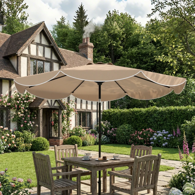 Outsunny 9' x 9' Round Market Umbrella with Valance, Patio Umbrella with Tilt and Crank, for Garden, Deck, Poolside, Khaki