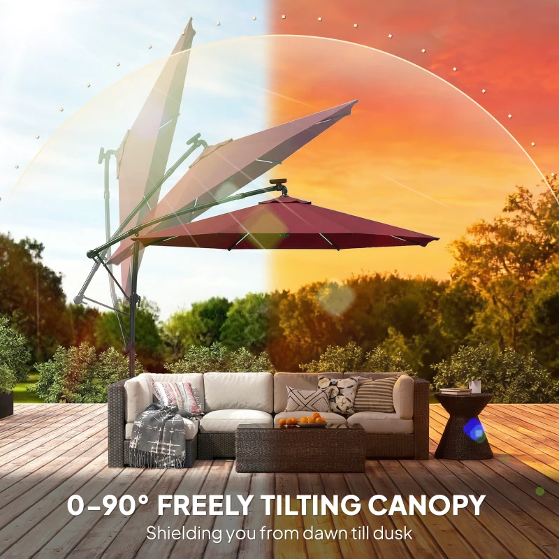Outsunny 10 ft Offset Patio Umbrella with Solar Light, Garden Hanging Parasol with 360° Rotation, Tilt, Cover, Wine Red