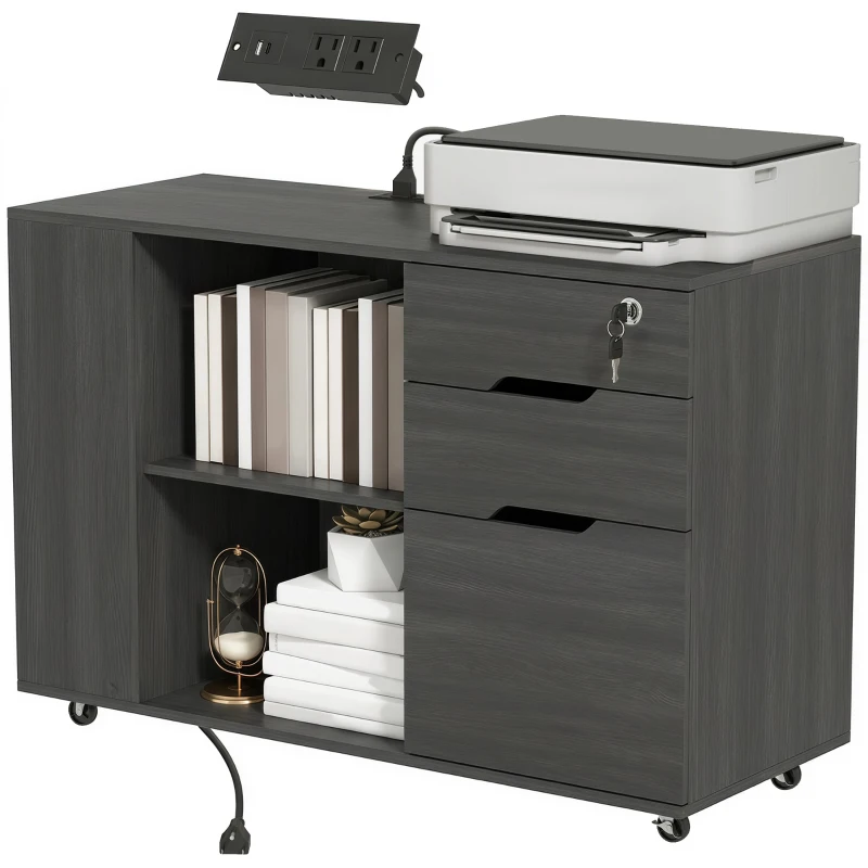 HOMCOM Filing Cabinet with Power Outlets File Cabinet Lockable Casters File Drawer Side Cubbies Black Wood Grain
