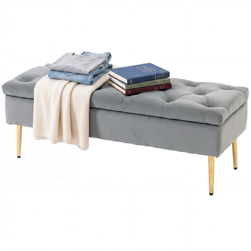 HOMCOM Upholstered Bedroom Bench with Gold Tone Metal Legs, Velvet Tufted and Thick Padding, Grey