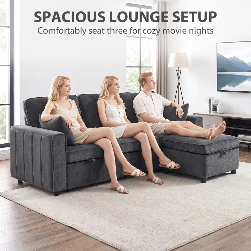 HOMCOM Modular Sectional Sofa Bed with Reversible Storage Ottoman, Pull Out Sleeper Sofa with Spring Cushion, Dark Grey