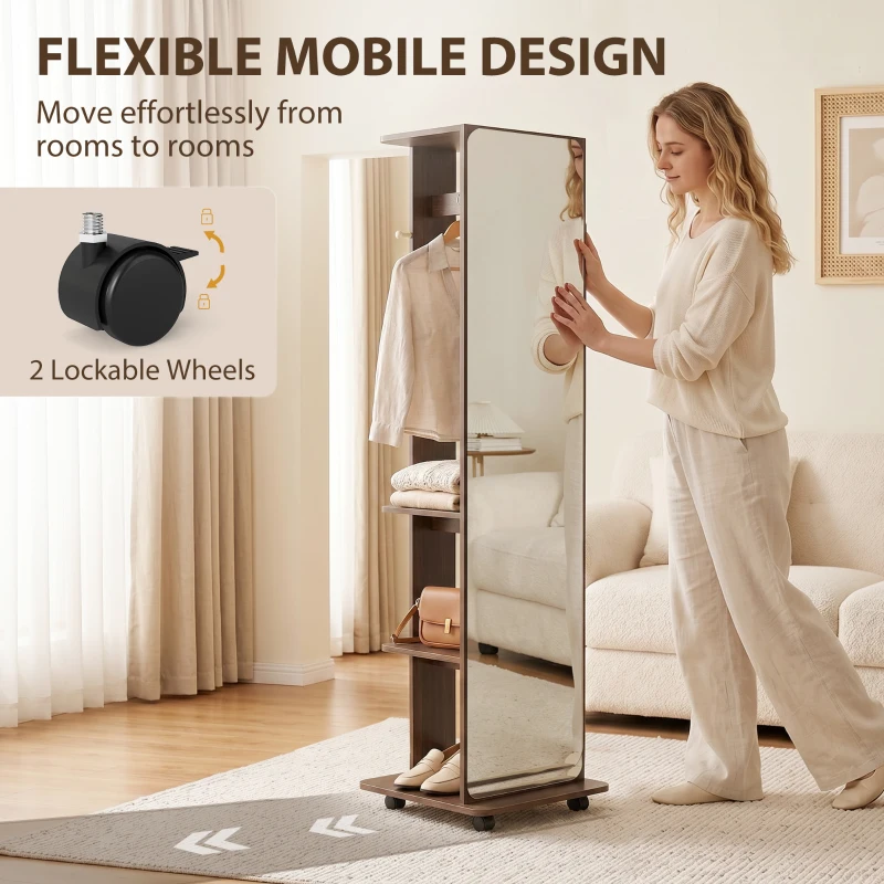 HOMCOM 15" x 62" Full Length Mirror, Tempered Glass Floor Mirror on Wheels with Storage Shelves, Coat Hangers, Brown Wood Grain