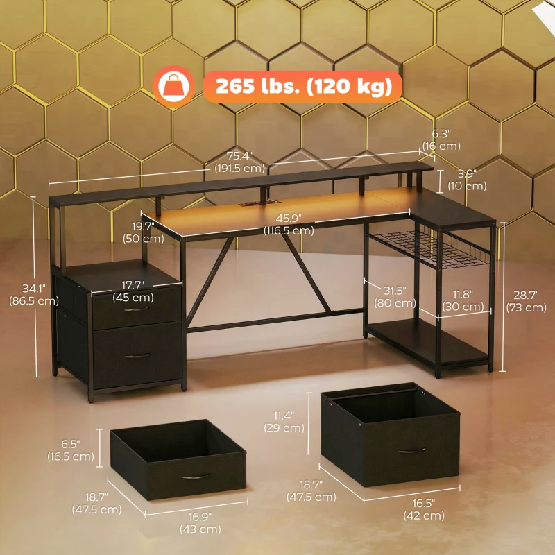 HOMCOM 76" Gaming Desk, Reversible Computer Table with RGB Lights, USB Ports, Monitor Stand and 2 Fabric Drawers, Black