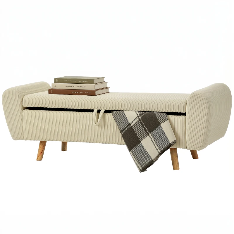 HOMCOM Storage Ottoman, 59" Corduroy End of Bed Storage Bench for King Size Bed with Wooden Legs and Rolled Arms, Beige