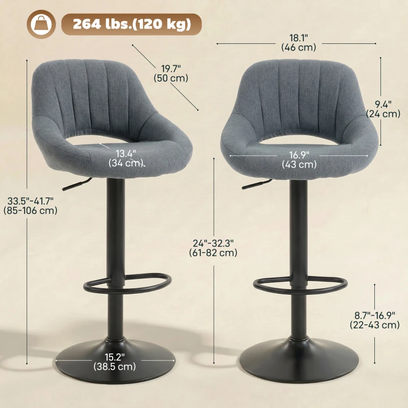 HOMCOM Swivel Bar Stools Set of 2, Linen Upholstered Counter Height Barstools with Round Metal Base