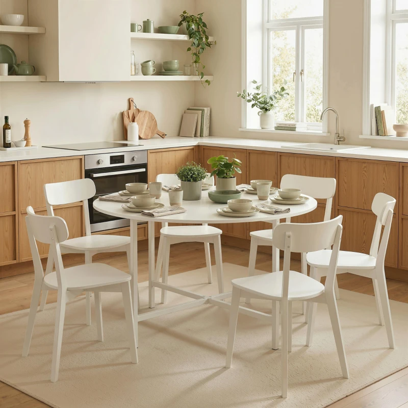 HOMCOM Folding Dining Table for 3-6 People, 47" Round Drop Leaf Kitchen Table with Steel Frame, White