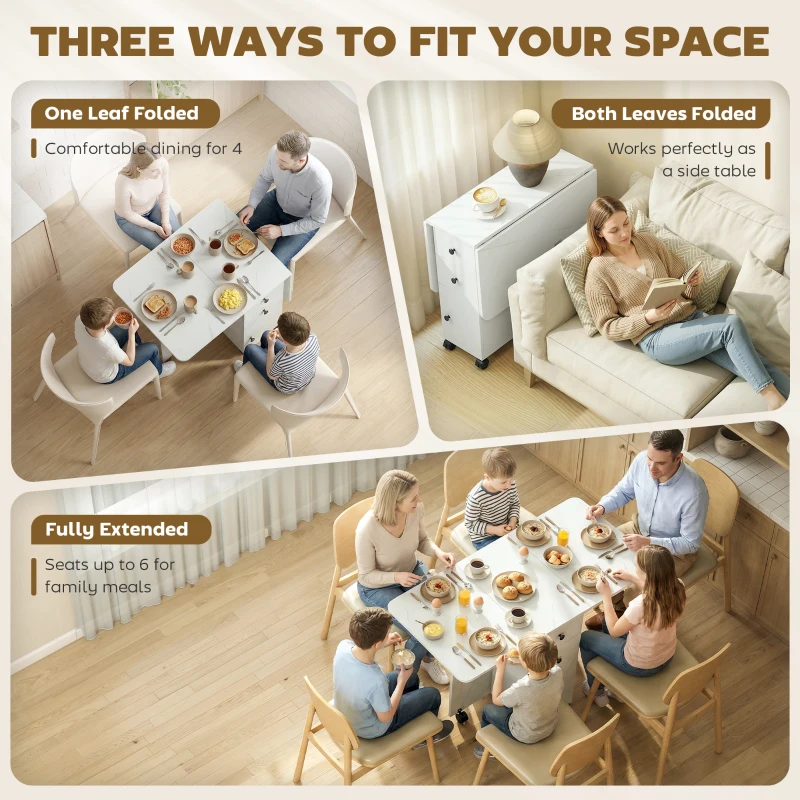 HOMCOM Drop Leaf Dining Table, Mobile Folding Table on Wheels with Drawers and Cabinet for Dining Room, Kitchen, Marble White