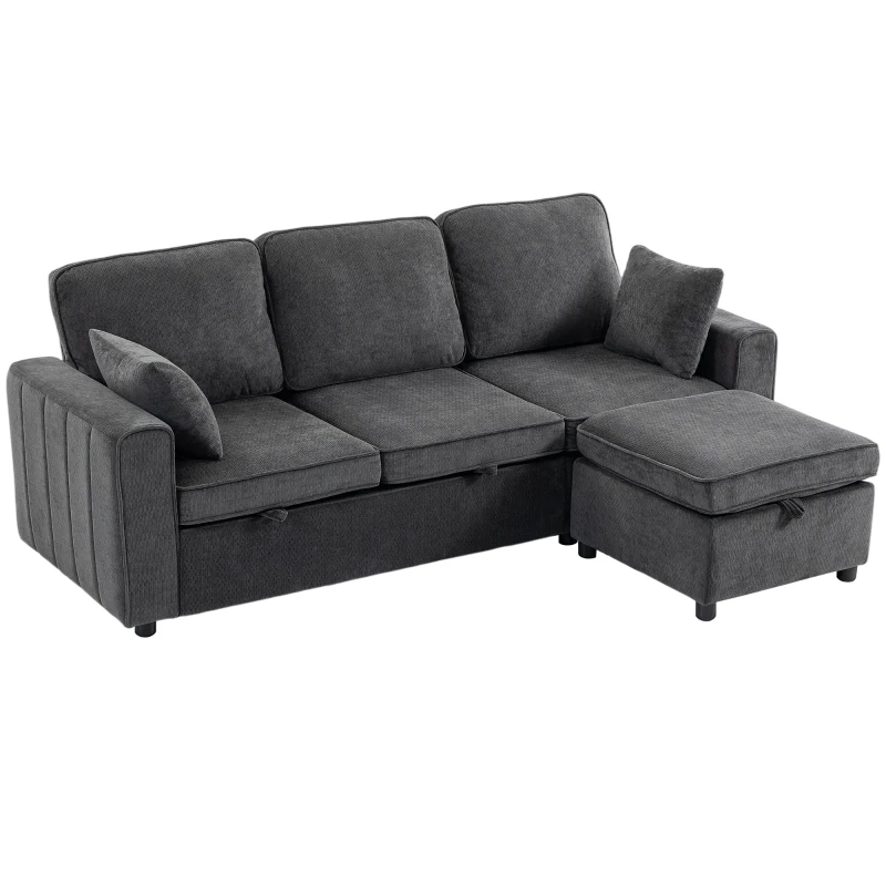 HOMCOM Modular Sectional Sofa Bed with Reversible Storage Ottoman, Pull Out Sleeper Sofa with Spring Cushion, Dark Grey