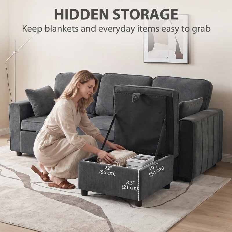 HOMCOM Modular Sectional Sofa Bed with Reversible Storage Ottoman, Pull Out Sleeper Sofa with Spring Cushion, Dark Grey