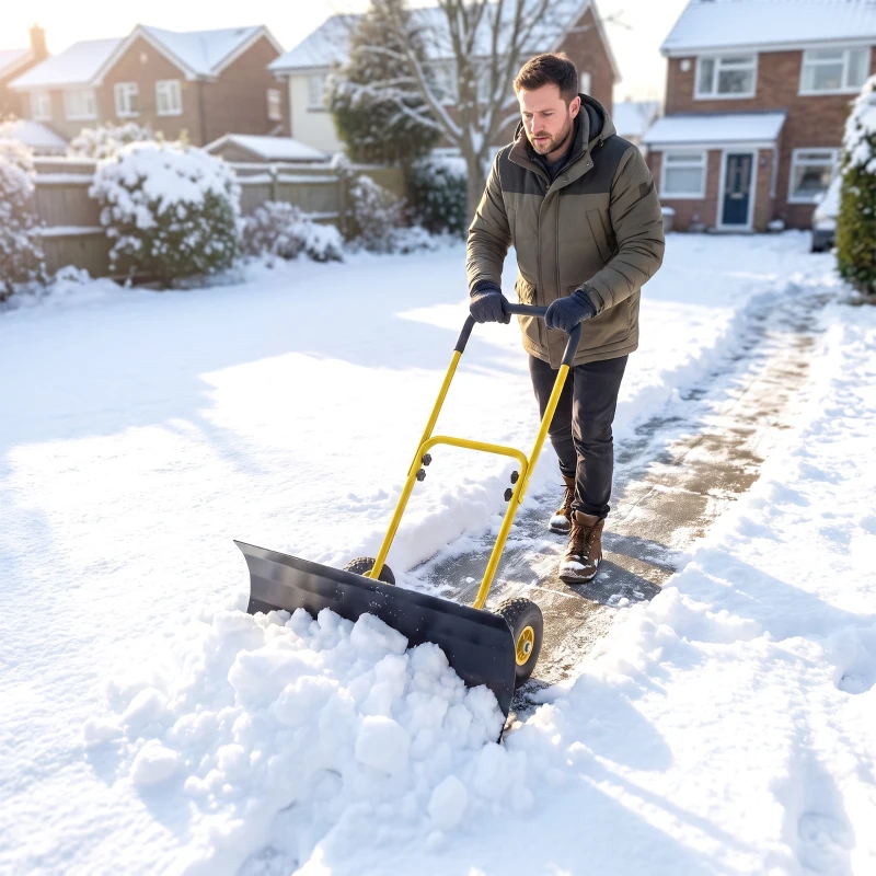 Outsunny Snow Shovel with Wheels, 29" x 16.5" Metal Snow Pusher with Adjustable Handle, 5-Angle Blade for Driveway, Yellow