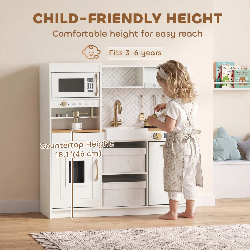 Qaba Play Kitchen, Kids Kitchen Playset with Coffee Machine, Ice Maker, Microwave, Oven, Storage, Gift for Toddlers 3+, White