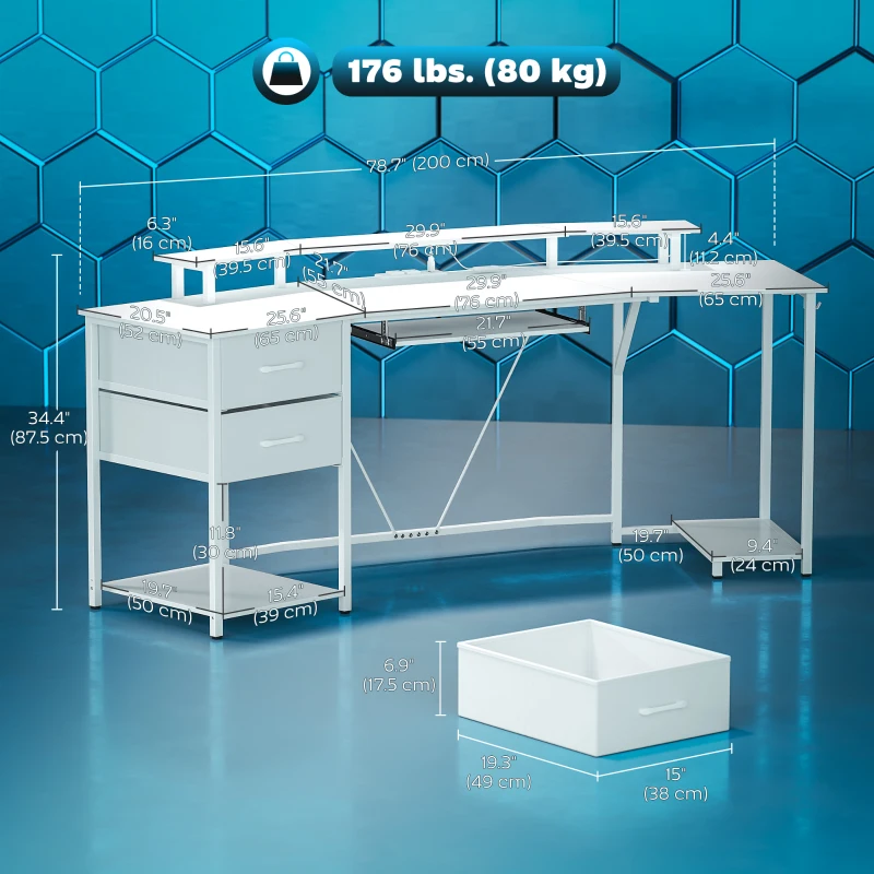 HOMCOM 79 inch Gaming Desk with RGB Lights, Computer Table with Power Outlets & USB Ports, Keyboard Tray and 2 Drawers, White