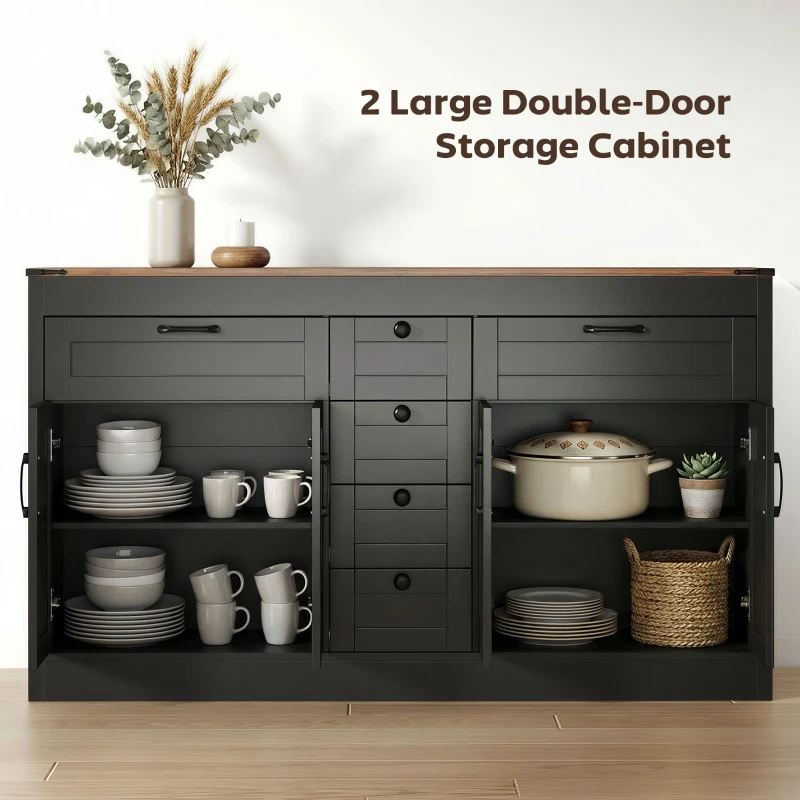 HOMCOM Sideboard Buffet Cabinet, 55" Farmhouse Kitchen Cabinet with 4 Barn Doors, 6 Drawers and 2 Adjustable Shelves, Black
