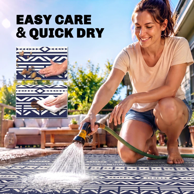 Outsunny 9' x 18' Outdoor RV Rug, Reversible Patio Floor Mat with Carry Bag, Geometric Wall, Blue and White