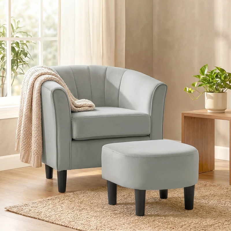 HOMCOM Accent Chair Modern Upholstered Living Room Chair with Ottoman and Pocket Spring Cushion Grey