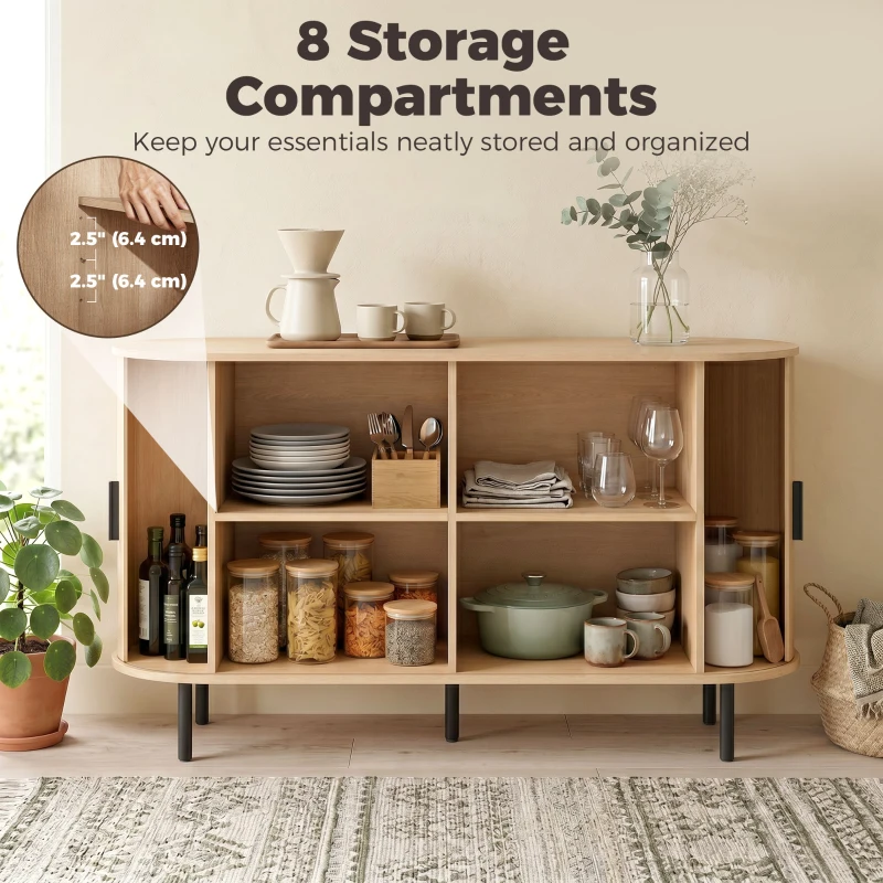 HOMCOM Fluted Sideboard Buffet Cabinet, 55" Mid Century Coffee Bar Cabinet with Sliding Doors and Adjustable Shelves, Natural