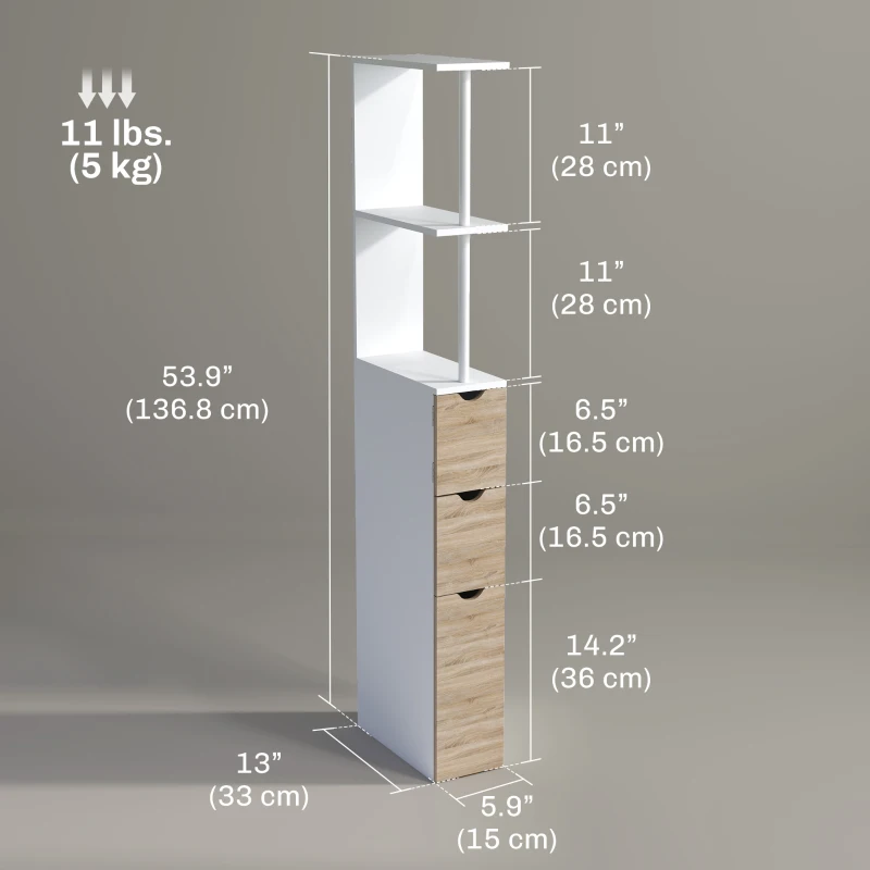 HOMCOM Tall Bathroom Storage Cabinet, Narrow Bathroom Cabinet with Drawers and Open Shelves for Small Spaces, Natural Wood