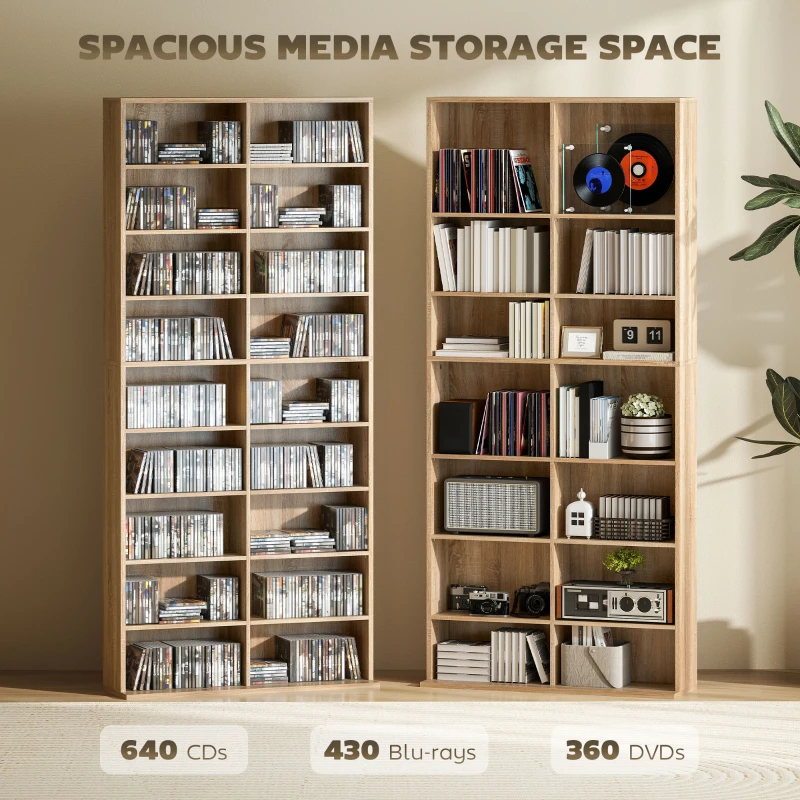 HOMCOM 9-Tier DVD Shelf with 18 Compartments and 14 Adjustable Shelves, Holds 640 CDs, 360 DVDs or 430 Blu-rays, Natural Wood