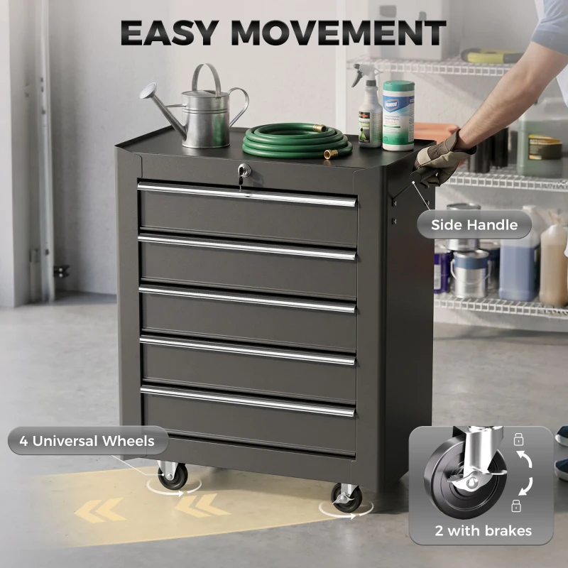 HOMCOM Rolling Tool Chest, 5-Drawer Lockable Tool Cabinet with 4 Wheels, Handle, Toolbox Storage Organizer for Garage, Workshop, Repair Shop, Black