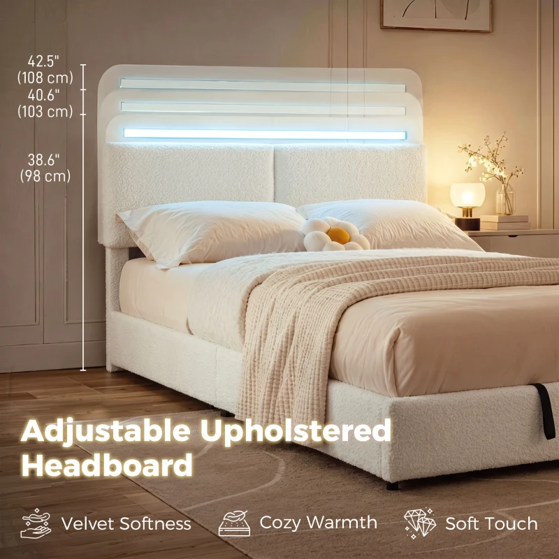 HOMCOM Queen Size Bed Frame with Charging Station, LED Lights, Adjustable Headboard, Upholstered Platform Bed Frame White