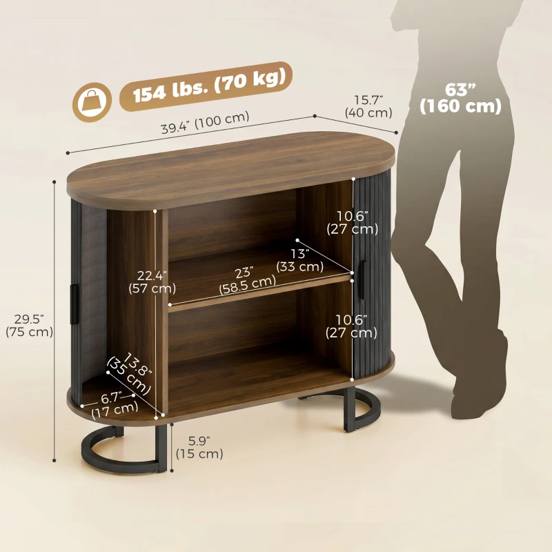 HOMCOM Sideboard Buffet Cabinet with Curved Tambour Doors, Thick Tabletop and Arc Metal Legs Brown and Black