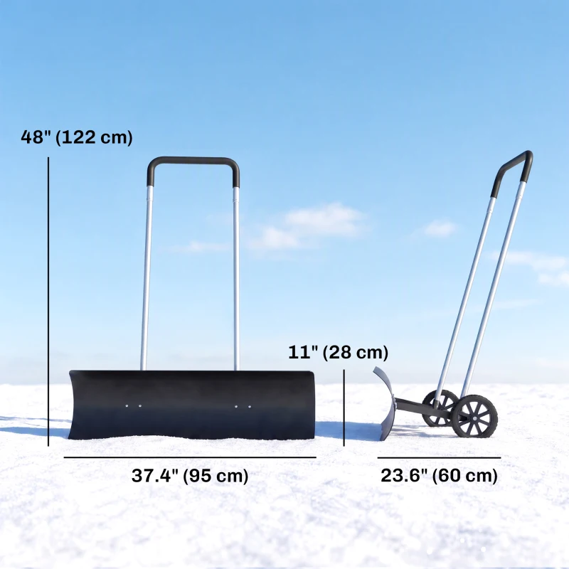 Outsunny Snow Shovel with Wheels, 37" Extra Wide Heavy Duty Aluminum Snow Pusher with Ergonomic Adjustable Handle, Angled Blade