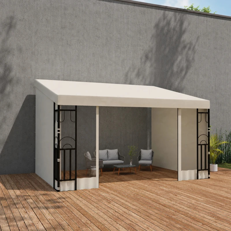 Outsunny 10' x 13' Wall Pergola, Outdoor Gazebo with 2 Curtains and 2 Nettings, UV Resistant, for Patio, Deck,  Beige
