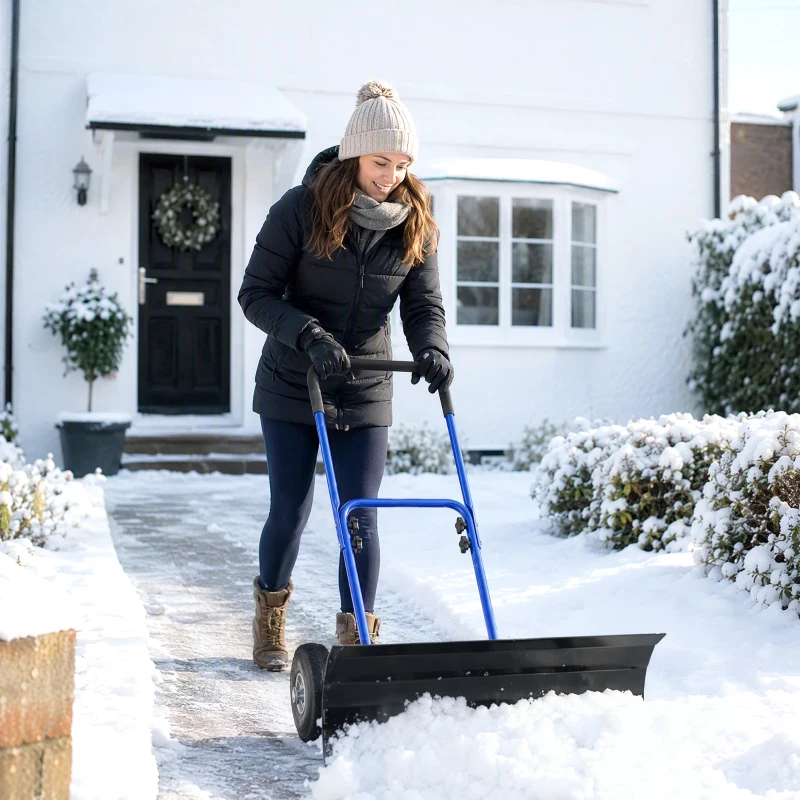 Outsunny Snow Shovel with Wheels, 29" x 16.5" Metal Snow Pusher with Adjustable Handle, 5-Angle Blade for Driveway, Blue