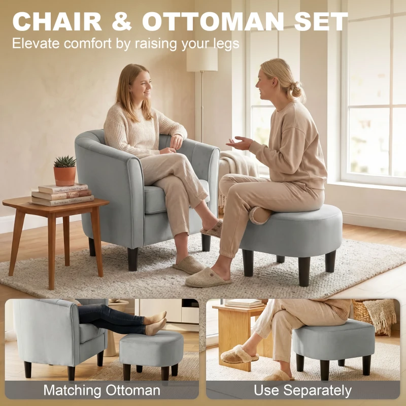 HOMCOM Accent Chair Modern Upholstered Living Room Chair with Ottoman and Pocket Spring Cushion Grey