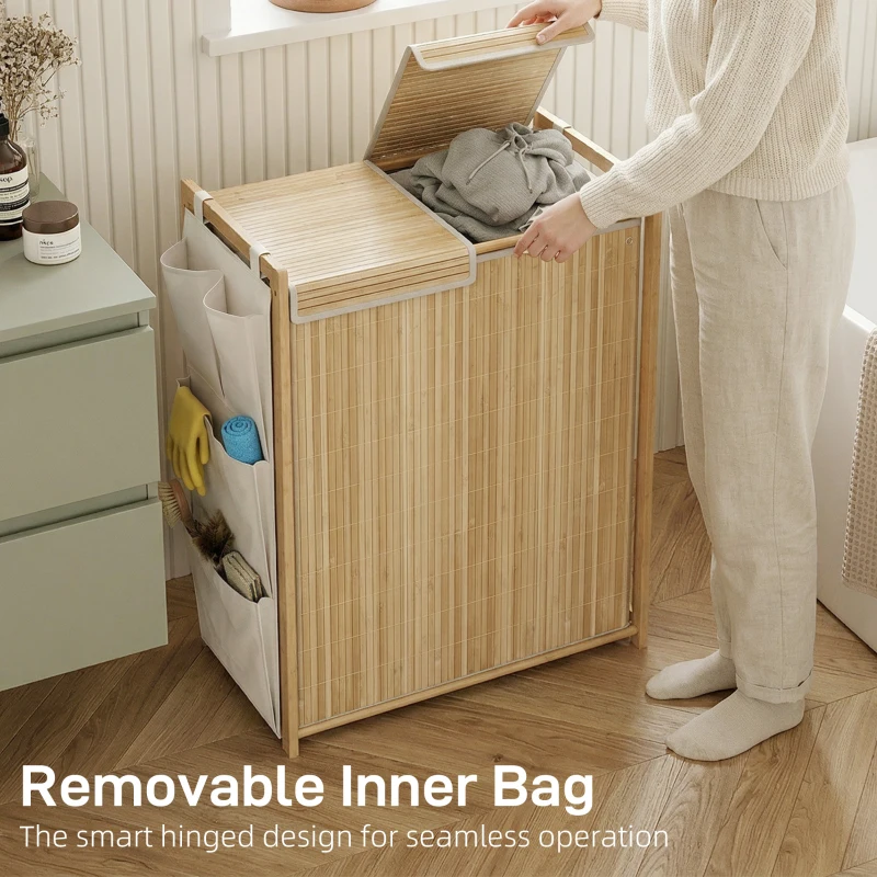 HOMCOM Bamboo Laundry Hamper with Removable Drawstring Bag and Side Storage Pockets, 32 Gal, Natural